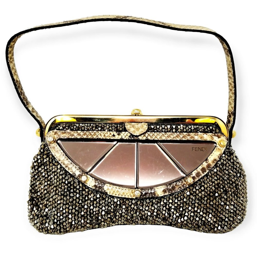 FENDI Vanity Mirror Crystal Beaded Python Snakeskin Clutch Purse Handbag, 1990's